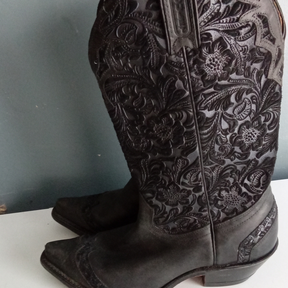 Boulet Black Leather Floral Embossed Western Cowboy Boot 10 1656 Made in Canada‎